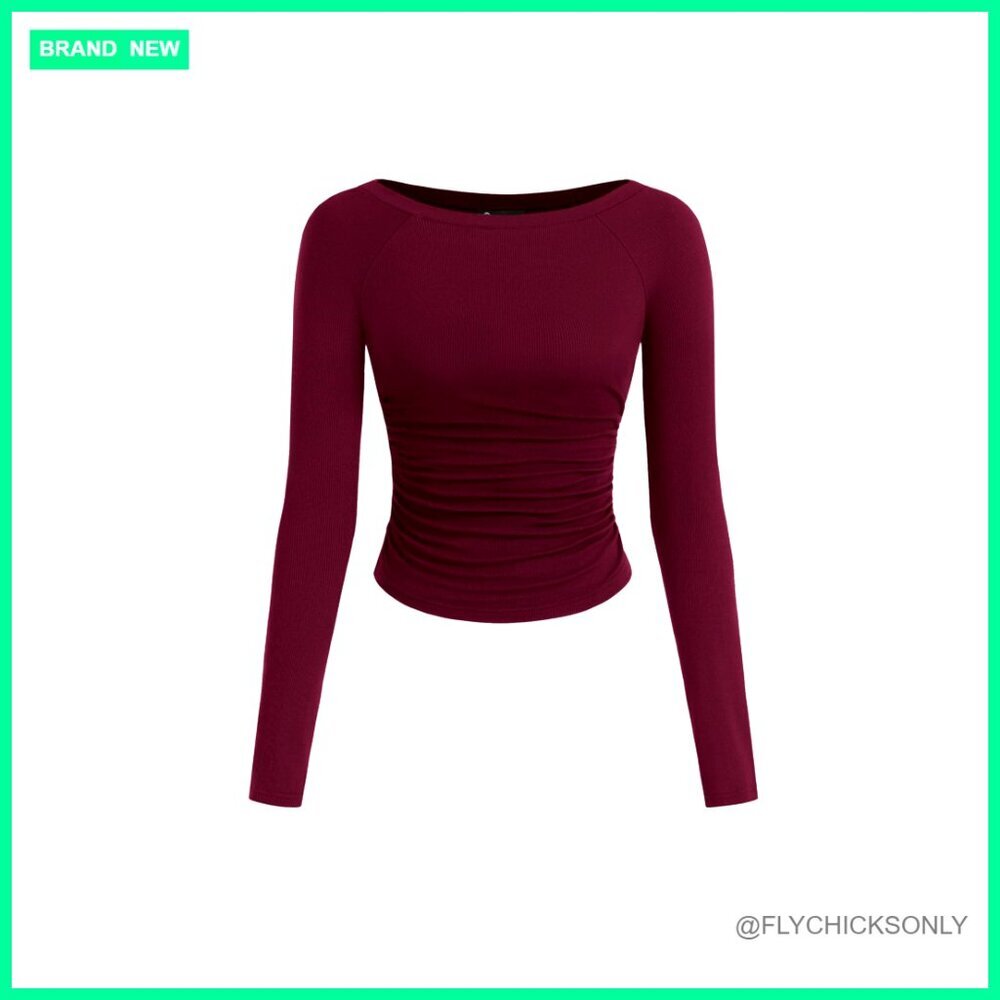Long Sleeve Ribbed Knit Crop Top Ruched Sides Boat Neck Slim Fit Tee